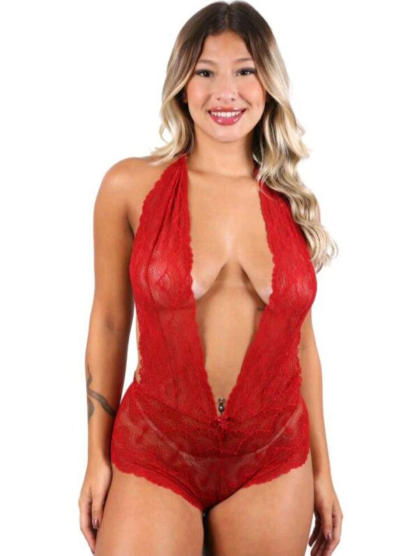 Body Rendado Sexy Renda Decote Vermelho Lingerie - Tamanho (M)