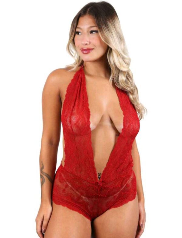 Body Rendado Sexy Renda Decote Vermelho Lingerie - Tamanho (M) - Image 2