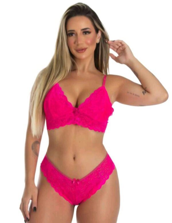 Conjunto De Lingerie Calcinha e Sutiã Sem Bojo De Renda Sexy - Rosa - Tamanho (M)