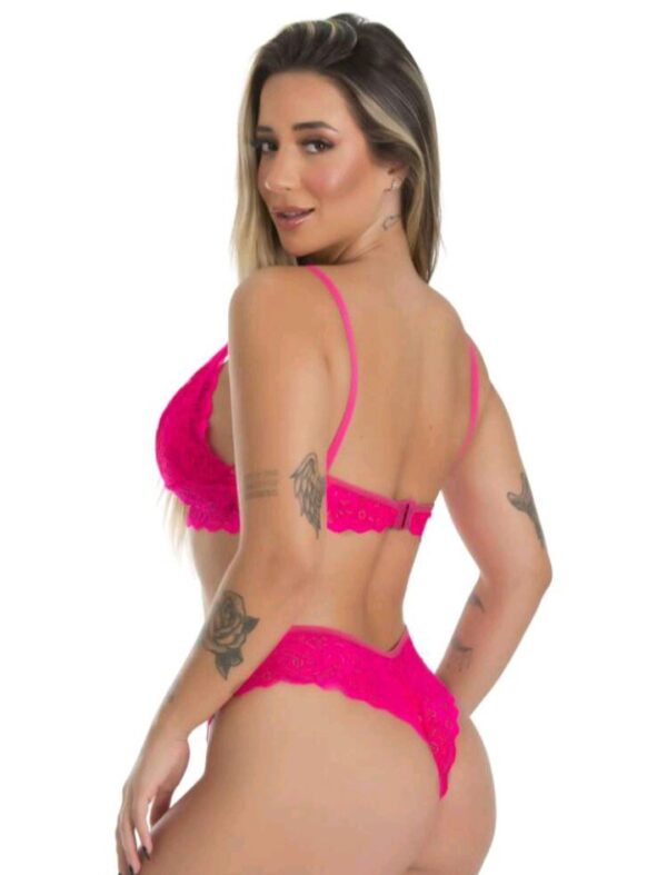 Conjunto De Lingerie Calcinha e Sutiã Sem Bojo De Renda Sexy - Rosa - Tamanho (M) - Image 2